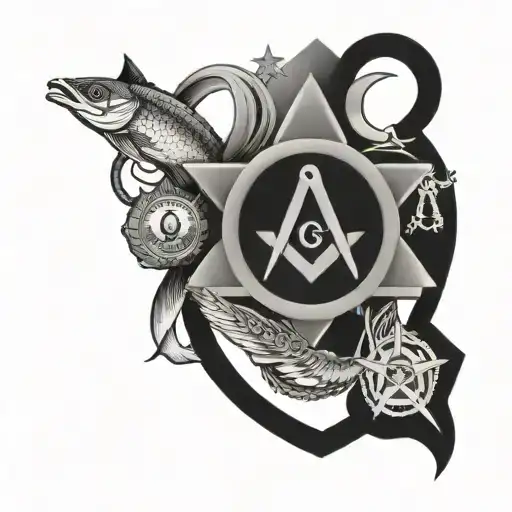 A unique collage of military badges, fishing gear, and masonic imagery forming a cohesive tattoo design that reflects the client's multifaceted identity tattoo design idea
