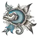 A stylized fish hook adorned with masonic emblems, combining the client's love for fishing and the masonic lodge tattoo design idea