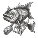 A stylized fish hook adorned with masonic emblems, combining the client's love for fishing and the masonic lodge tattoo design idea