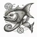 A stylized fish hook adorned with masonic emblems, combining the client's love for fishing and the masonic lodge tattoo design idea