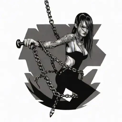 A model posing with a whip made of chains and spikes tattoo design idea
