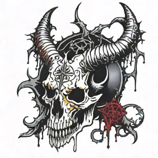 A black metal inspired tattoo featuring a goat skull surrounded by occult symbols and blood drips tattoo design idea