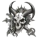 A black metal inspired tattoo featuring a goat skull surrounded by occult symbols and blood drips tattoo design idea