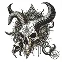 A black metal inspired tattoo featuring a goat skull surrounded by occult symbols and blood drips tattoo design idea