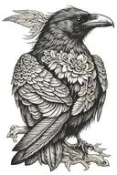 A realistic portrait of a crow with intricate tattoo designs on its feathers tattoo design idea
