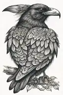 A realistic portrait of a crow with intricate tattoo designs on its feathers tattoo design idea