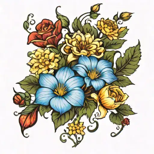 5 flowers (morning glory, cosmos, water lily, chrysanthemum, and holly) intertwined representing client tattoo design idea