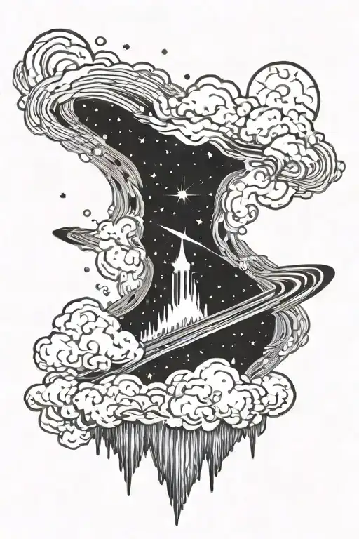 A blackwork tattoo of a galaxy merging with the Northern lights tattoo design idea