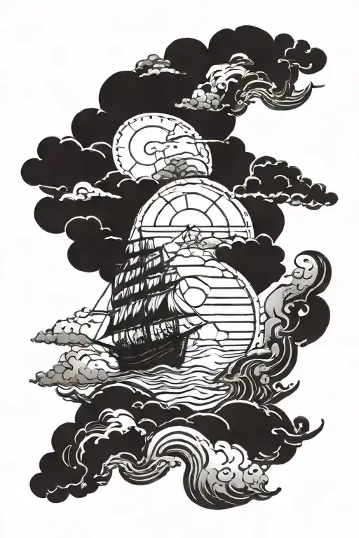 the ship, the sea, the clouds and the sun above it  tattoo design idea