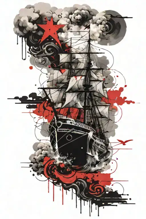 the ship, the sea, the clouds and the sun above it  tattoo design idea