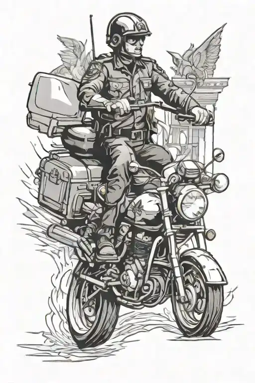 A detailed black and grey tattoo of a police officer riding a motorcycle through the streets of their hometown tattoo design idea
