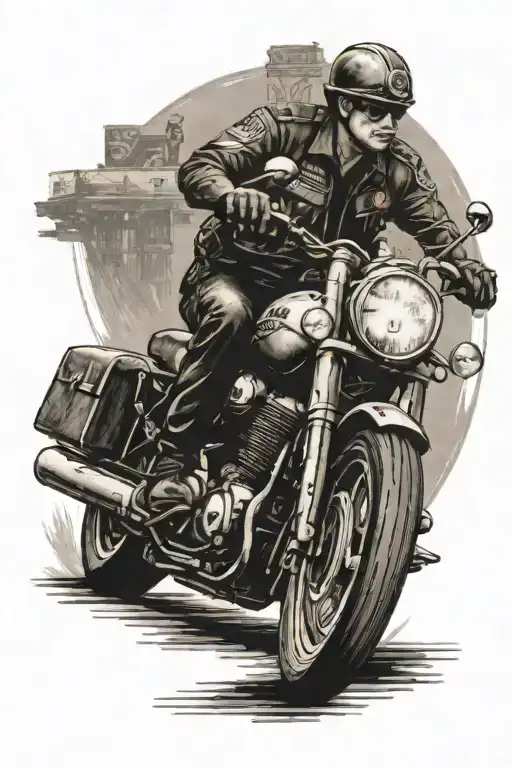 A detailed black and grey tattoo of a police officer riding a motorcycle through the streets of their hometown tattoo design idea
