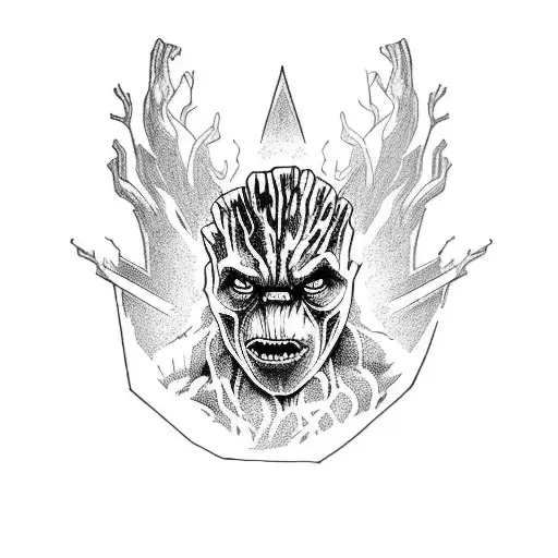 the mighty groot holding the mjolnir and stormbreaker tattoo design idea