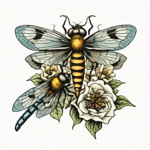 dragonfly's with bees flying tattoo design idea