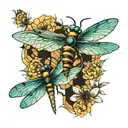 dragonfly's with bees flying tattoo design idea