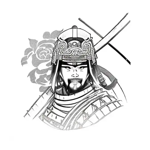 Samurai warrior with anime-inspired armor surrounded by roses tattoo design idea