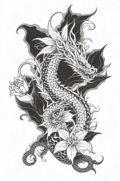 dragon around a Japanese lily,, red spider,, and semicolon tattoo design idea
