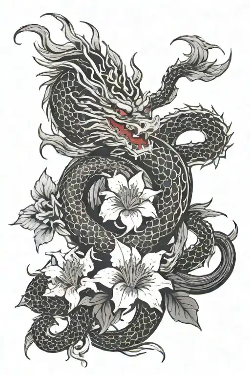 Japanese dragon around a Japanese lily,, red spider,, and semicolon tattoo design idea