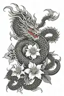 Japanese dragon around a Japanese lily,, red spider,, and semicolon tattoo design idea