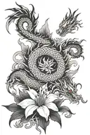 Japanese dragon around a Japanese lily,, red spider,, and semicolon tattoo design idea