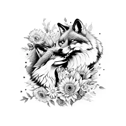 fox and wolf surrounded by flowers tattoo design idea