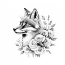 fox and wolf surrounded by flowers, fine line, dot work tattoo design idea