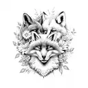 fox and wolf surrounded by flowers, fine line, dot work tattoo design idea