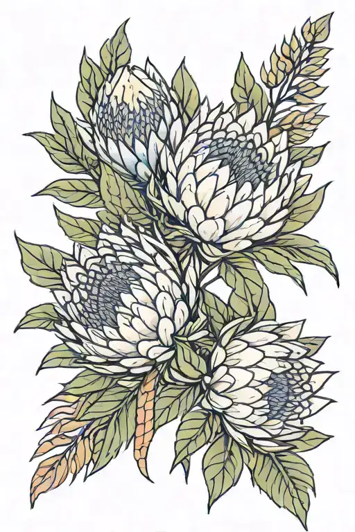 names: Zoey, Evie and Nael. Flower Protea tattoo design idea