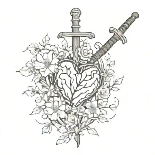 tattoo of a heart glued together using the kinsugi technique, with growing flowers and a sword, which was broken, but is now restored tattoo design idea