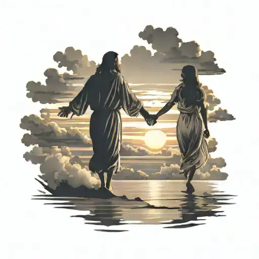 silhouette of a man and a woman holding hands on a beach at sunset Jesus coming out of the clouds with open arms tattoo design idea