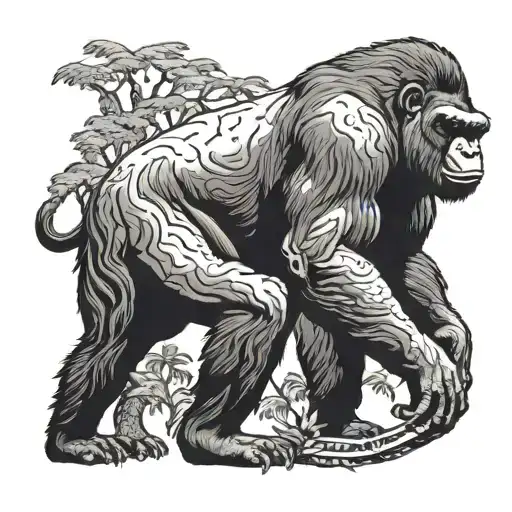 A blackwork tattoo of a majestic silverback gorilla standing proudly among a group of hippos tattoo design idea