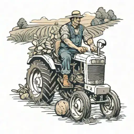 farmer, gymboy , field , potatoes , tractor working tattoo design idea