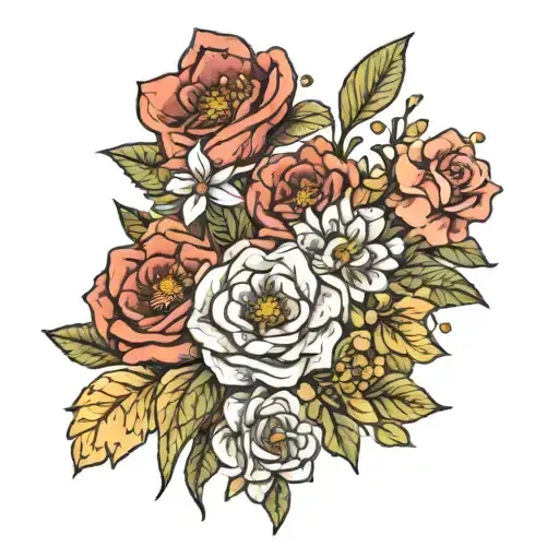 fine line flower bouquet with June July and March birth flowers tattoo design idea