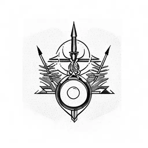 A blackwork design featuring a balanced scale (Libra) and an archer (Sagittarius) shooting for the stars tattoo design idea