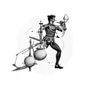 A blackwork design featuring a balanced scale (Libra) and an archer (Sagittarius) shooting for the stars tattoo design idea