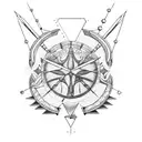 A blackwork design featuring a balanced scale (Libra) and an archer (Sagittarius) shooting for the stars tattoo design idea