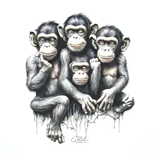 4 wise monkeys (see no evil, hear no evil, speak no evil, do no evil)  tattoo design idea