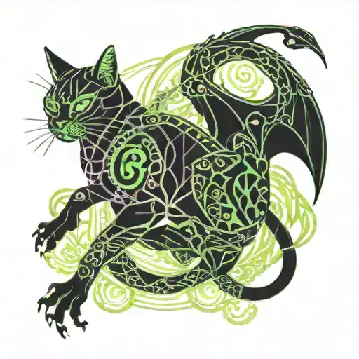 cat and dragon with leafs and animals  tattoo design idea