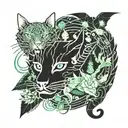 cat and dragon with leafs and animals  tattoo design idea