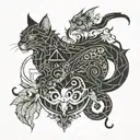 cat and dragon with leafs and animals  tattoo design idea