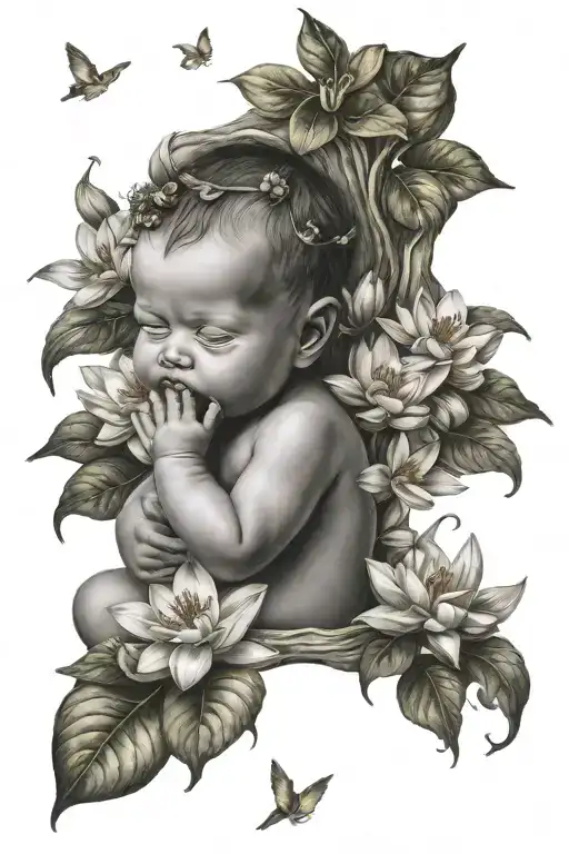 hear no evil see no evil speak no evil baby angel surrounded by water lilies tattoo design idea
