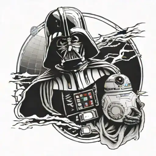 Death Star background, darth Vader holding his Baby tattoo design idea