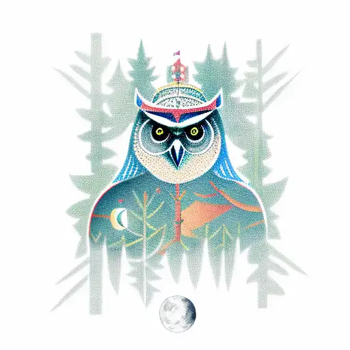 a knight in a forest with moon shining with an owl watching over him tattoo design idea