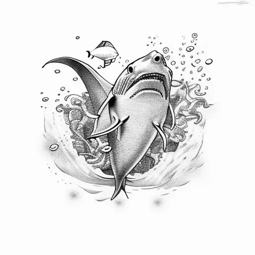 underwater with stingray, shark, skeleton, and mermaid tattoo design idea