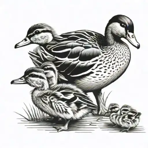 Mother duck hugs two little ducklings tattoo design idea
