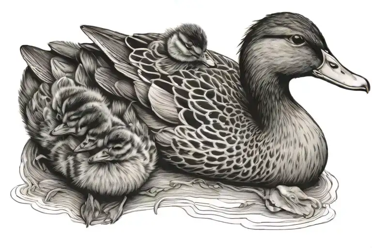 Mother duck hugs two little ducklings tattoo design idea