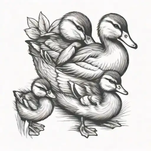 Mother duck hugs two little ducklings tattoo design idea