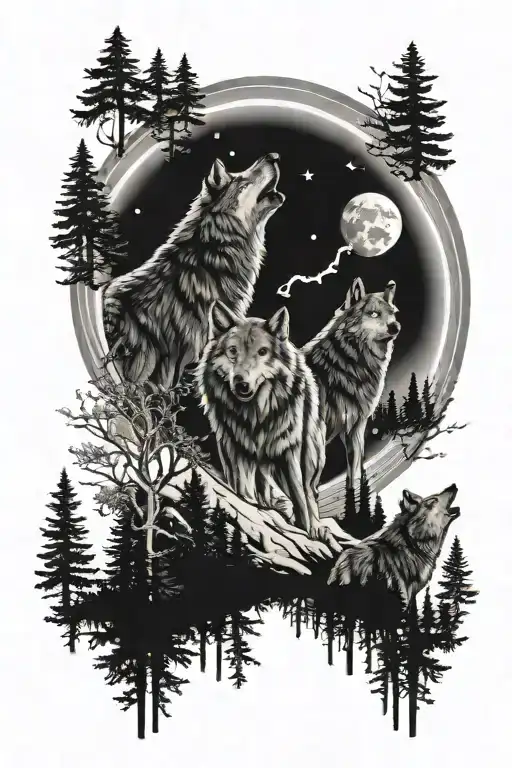 wolf family, mom dad and 2 cubs howling at moon, forrest background tattoo design idea