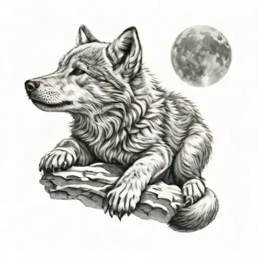 ghost wolf cub next to full moon, black and grey tattoo design tattoo design idea