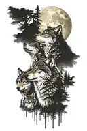 wolf family, mom dad and 2 cubs howling at moon, forrest background tattoo design idea